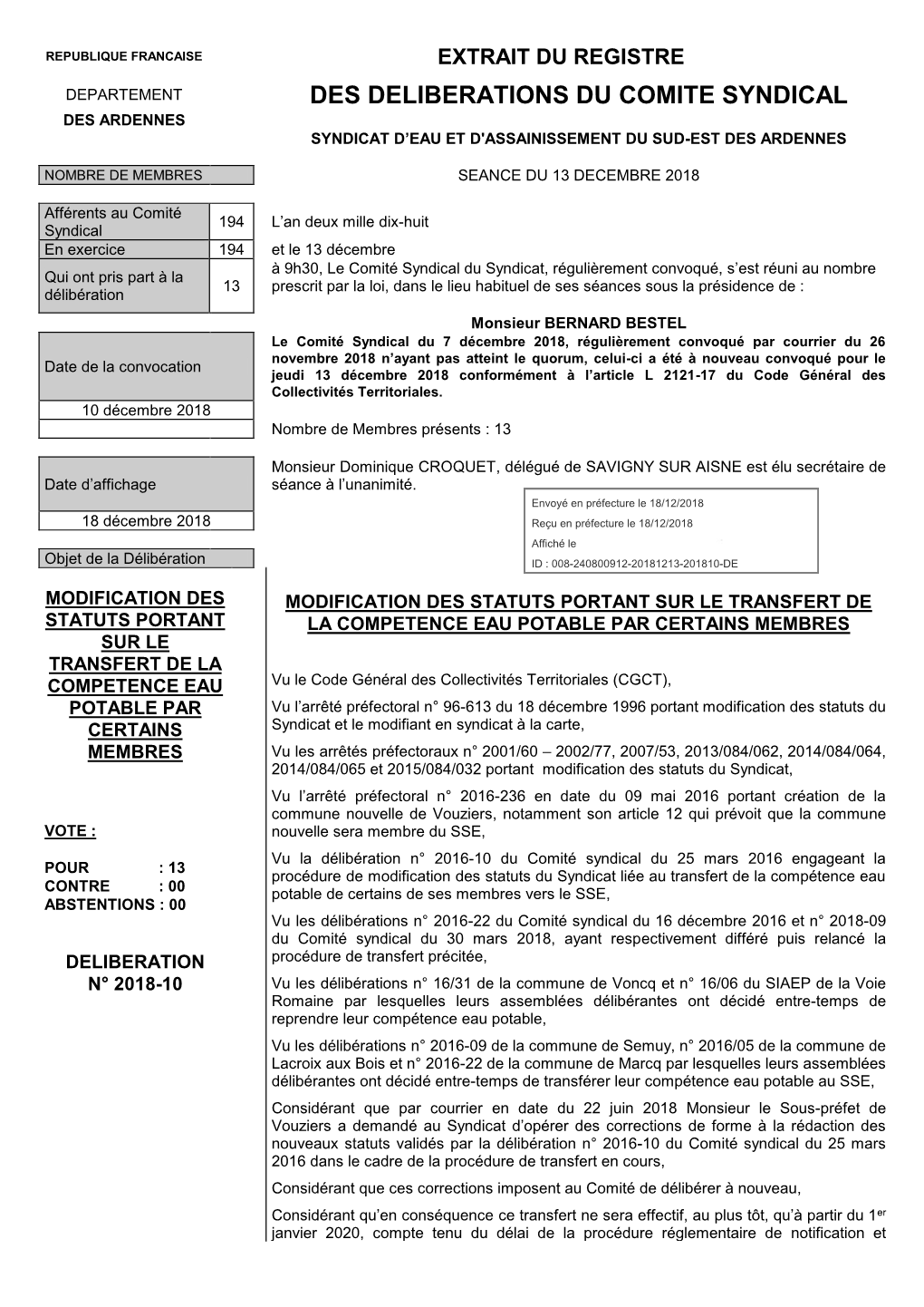 Republique Francaise Extrait Du Registre Departement Des Deliberations Du Comite Syndical Des Ardennes Syndicat D’Eau Et D'assainissement Du Sud-Est Des Ardennes