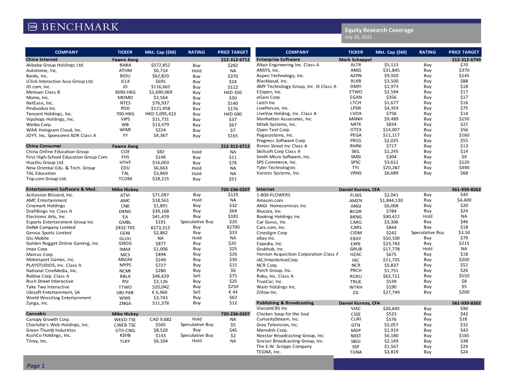 Equity Research Coverage Page 1