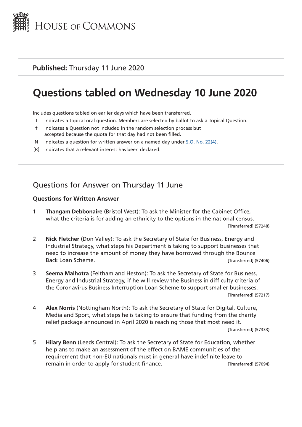 Questions Tabled on Wed 10 Jun 2020