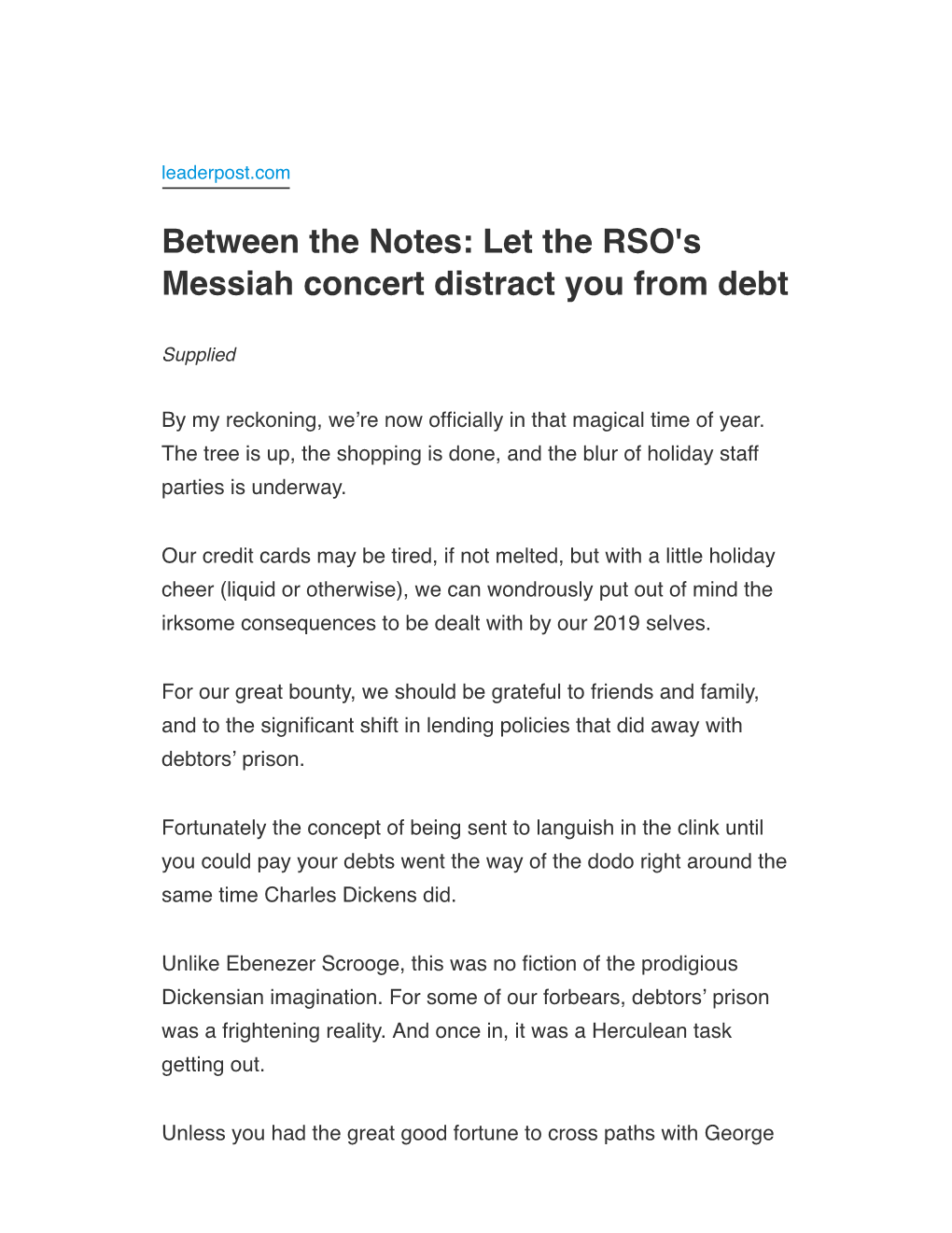 Let the RSO's Messiah Concert Distract You from Debt