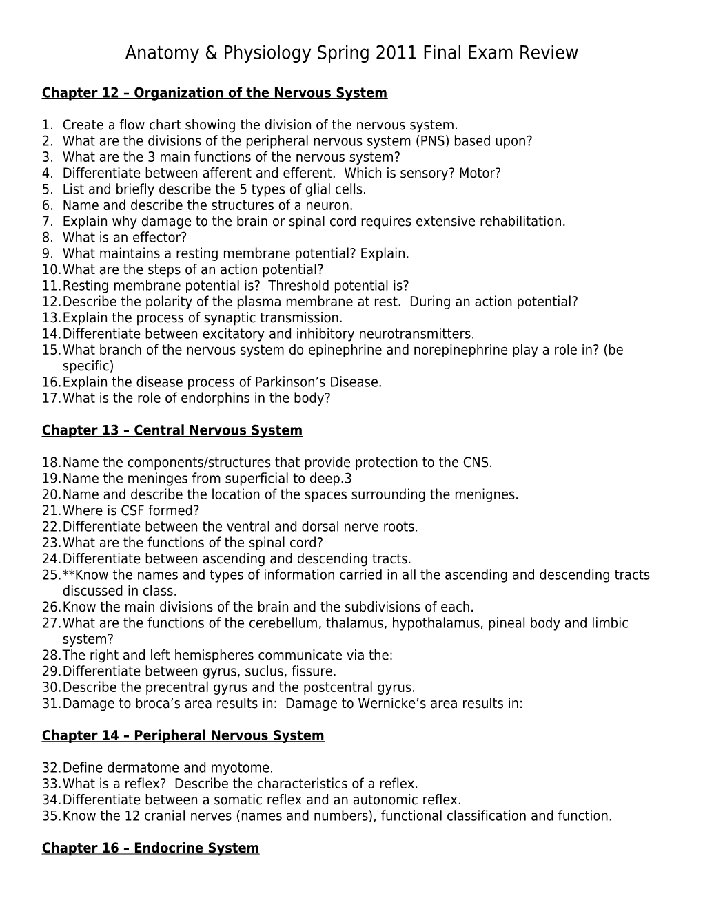 Anatomy & Physiology Spring 2011 Final Exam Review