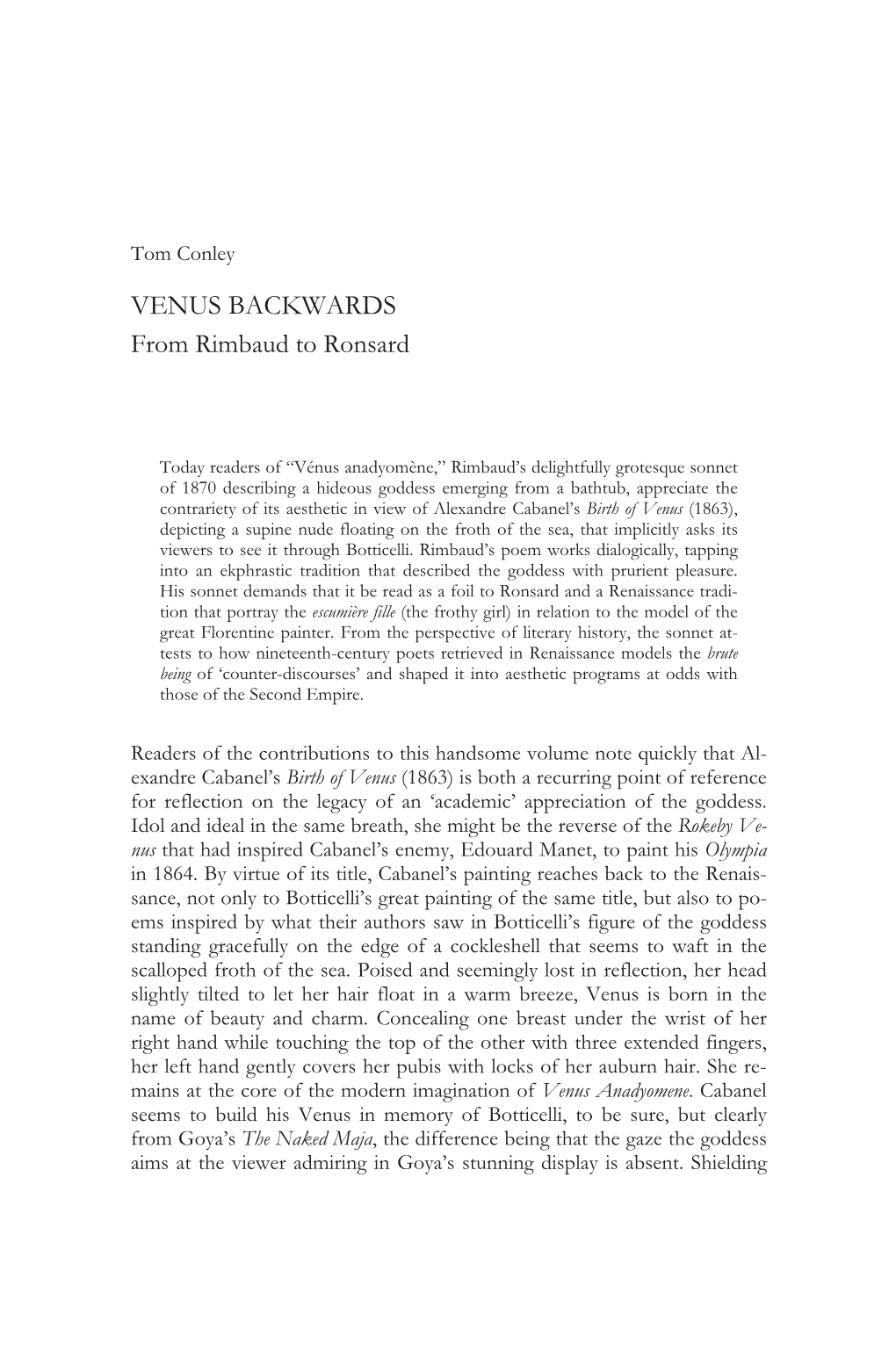 VENUS BACKWARDS from Rimbaud to Ronsard