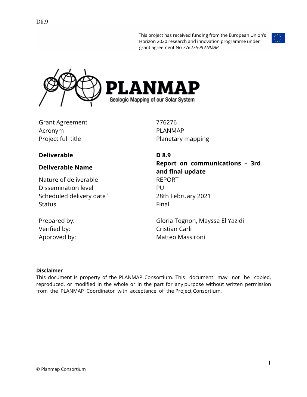D8.9 1 Grant Agreement 776276 Acronym PLANMAP Project Full Title