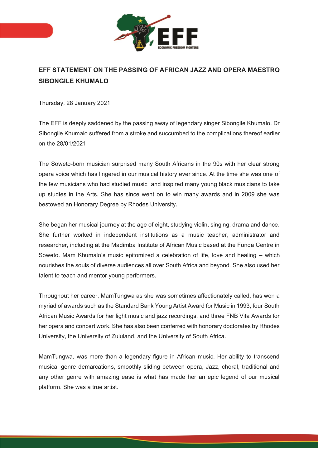 Eff Statement on the Passing of African Jazz and Opera Maestro Sibongile Khumalo