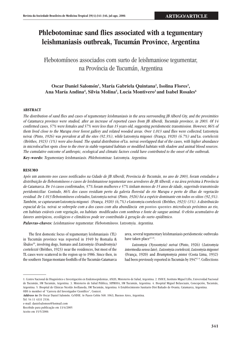 Phlebotominae Sand Flies Associated with a Tegumentary Leishmaniasis Outbreak, Tucumán Province, Argentina