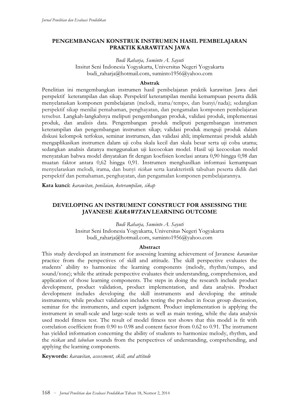 Pengembangan Konstruk Instrumen Hasil Pembelajaran Praktik Karawitan Jawa