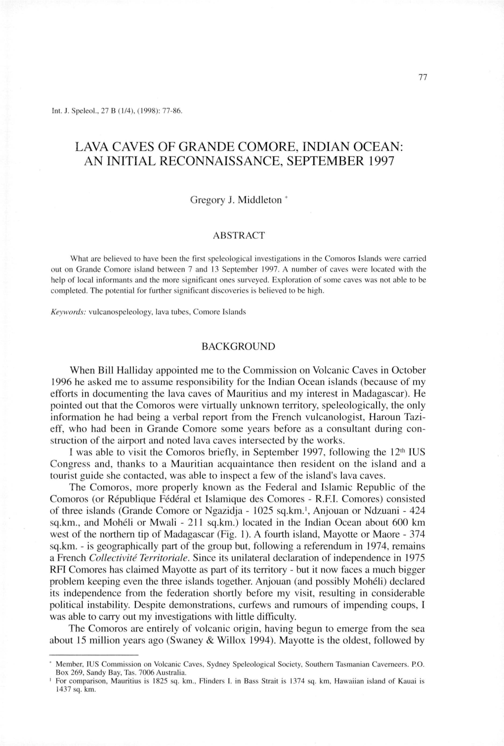 Lava Caves of Grande Comore, Indian Ocean: an Initial Reconnaissance, September 1997