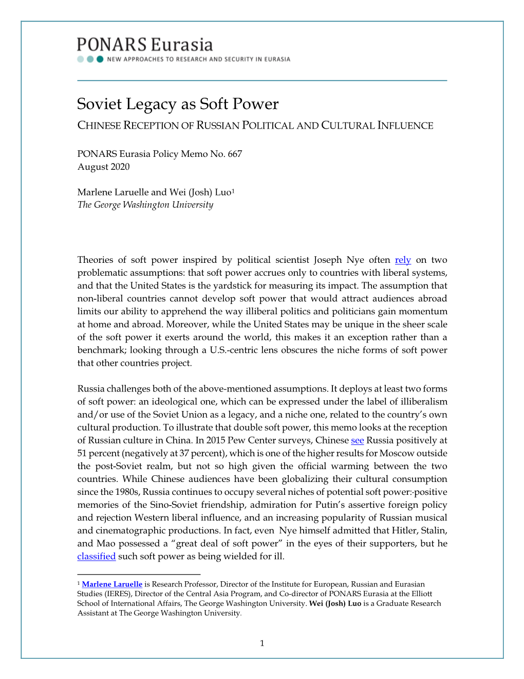 Soviet Legacy As Soft Power CHINESE RECEPTION of RUSSIAN POLITICAL and CULTURAL INFLUENCE