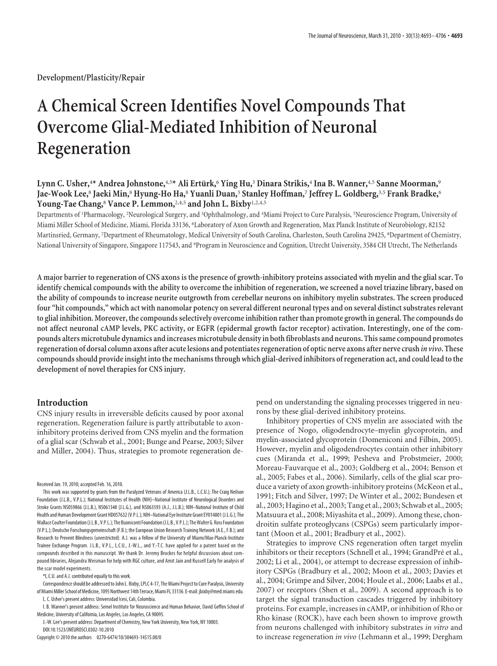 A Chemical Screen Identifies Novel Compounds That Overcome Glial-Mediated Inhibition of Neuronal Regeneration