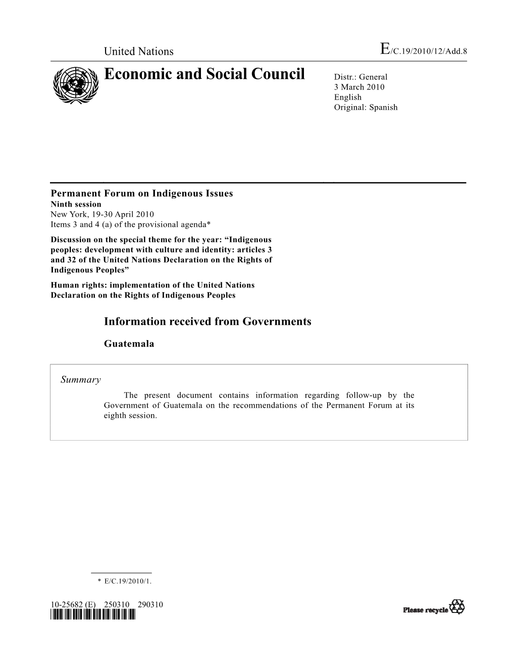 Economic and Social Council Distr.: General 3 March 2010 English Original: Spanish