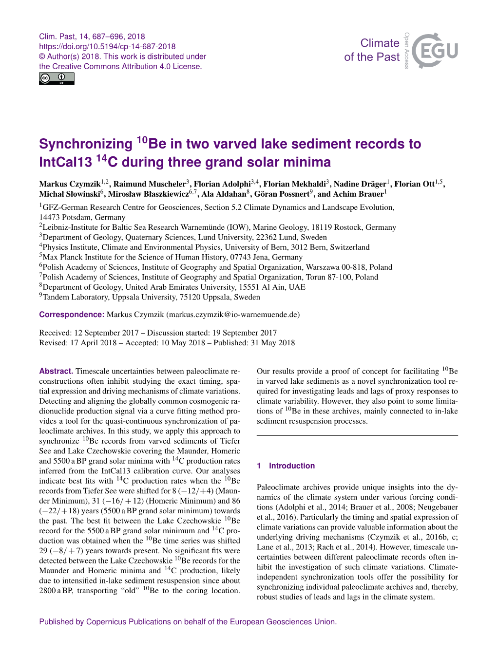 Synchronizing 10Be in Two Varved Lake Sediment Records to Intcal13 14C During Three Grand Solar Minima