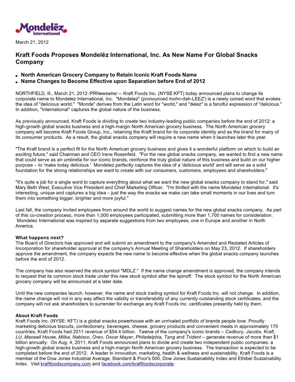 Kraft Foods Proposes Mondelēz International, Inc. As New Name for Global Snacks Company