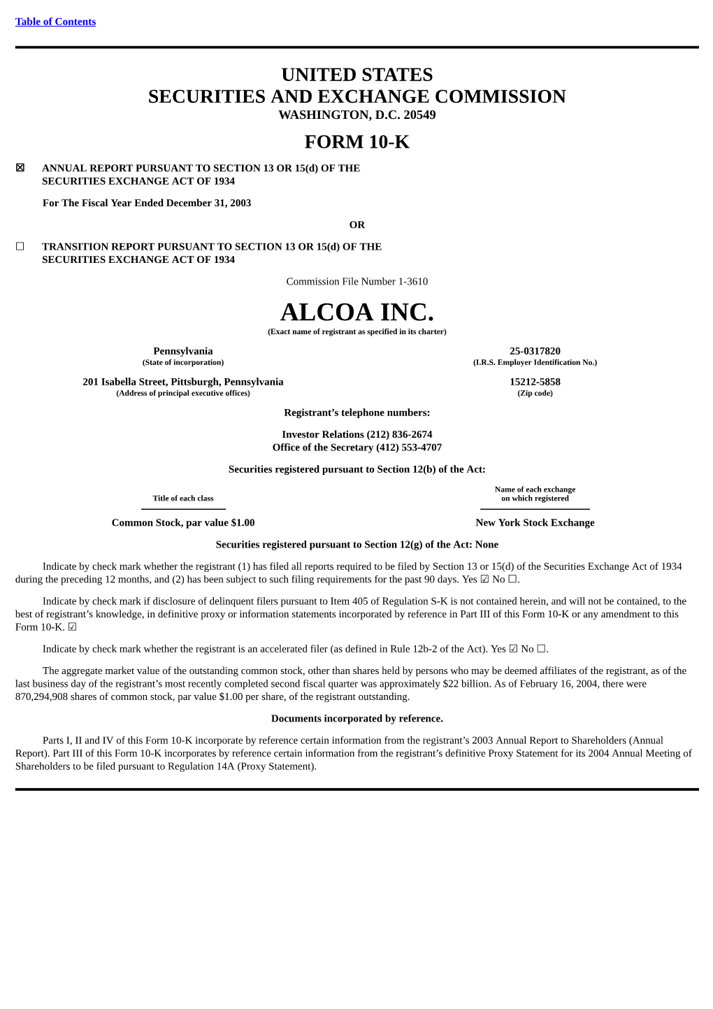 ALCOA INC. (Exact Name of Registrant As Specified in Its Charter)