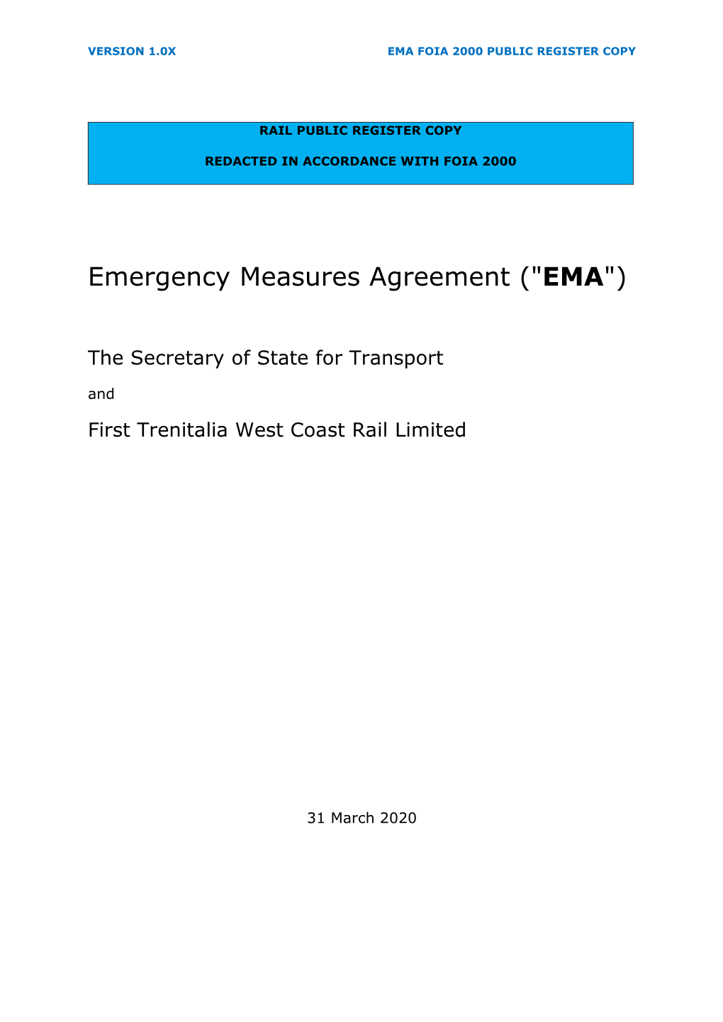 West Coast Partnership Franchise Emergency Measures Agreement