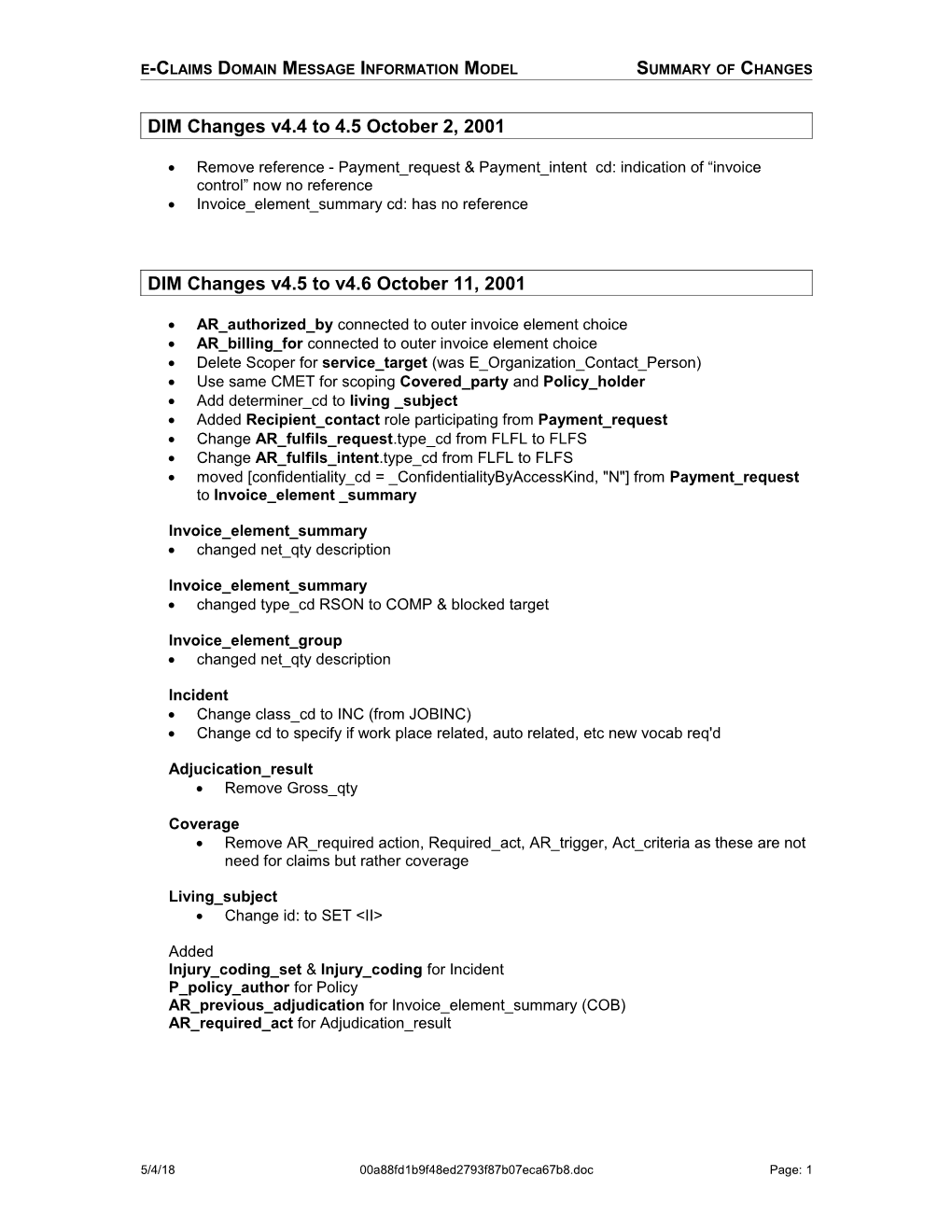 E-Claims Domain Message Information Model Summary of Changes