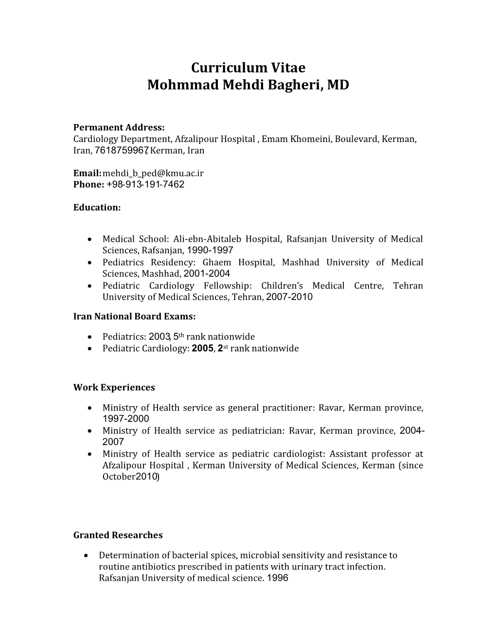 Curriculum Vitae Mohmmad Mehdi Bagheri, MD