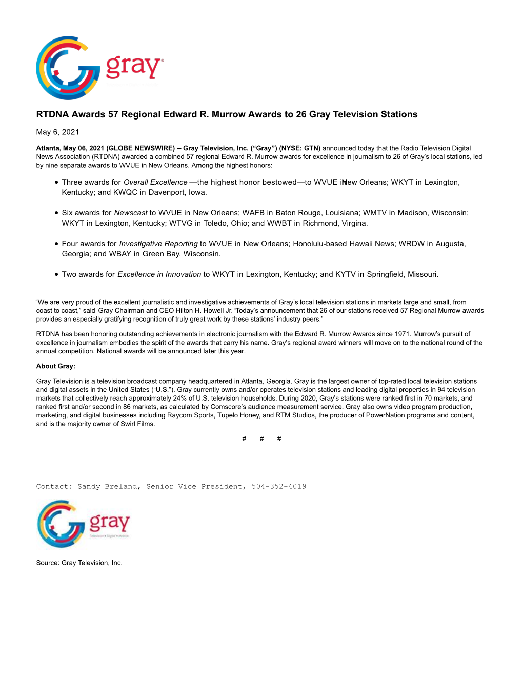 RTDNA Awards 57 Regional Edward R. Murrow Awards to 26 Gray Television Stations