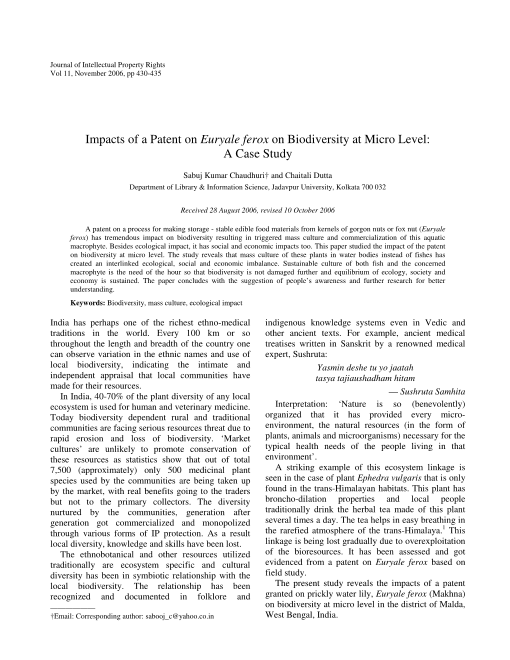 Impacts of a Patent on Euryale Ferox on Biodiversity at Micro Level: a Case Study