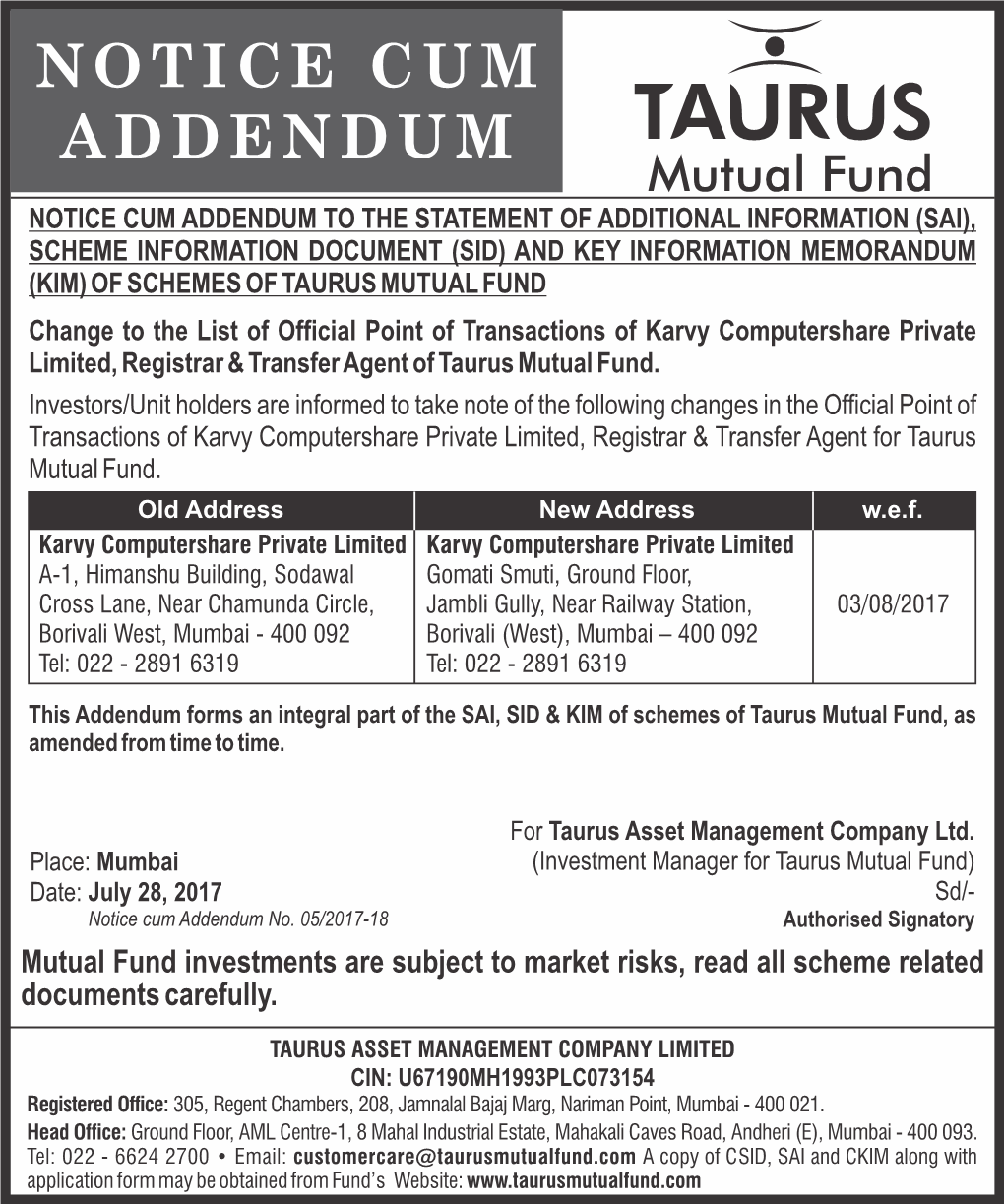 Karvy Computershare Private Limited, Registrar & Transfer Agent of Taurus Mutual Fund