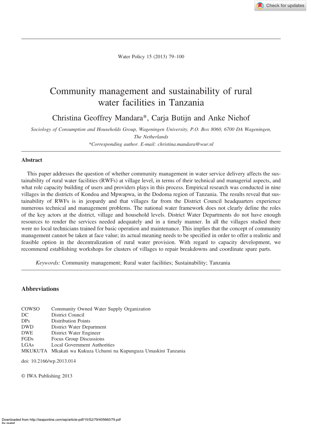 Community Management and Sustainability of Rural Water Facilities