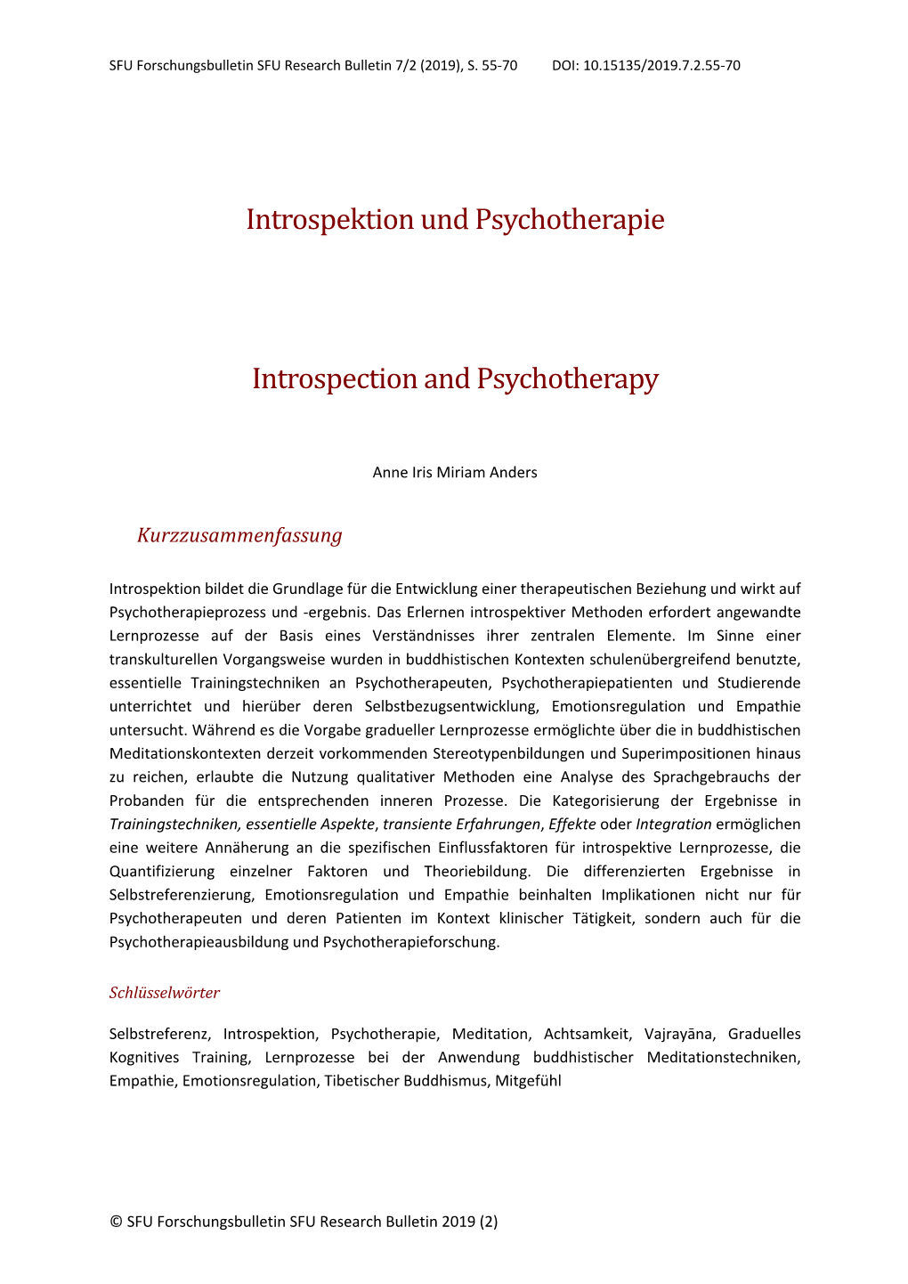 Introspektion Und Psychotherapie Introspection and Psychotherapy