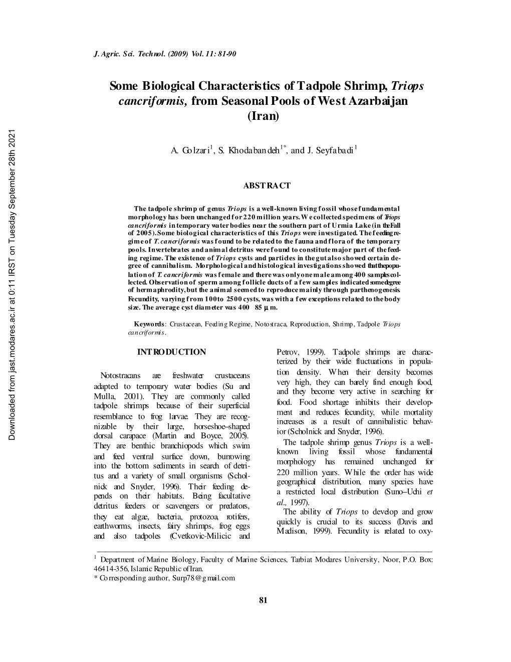 Some Biological Characteristics of Tadpole Shrimp, Triops Cancriformis, from Seasonal Pools of West Azarbaijan (Iran)