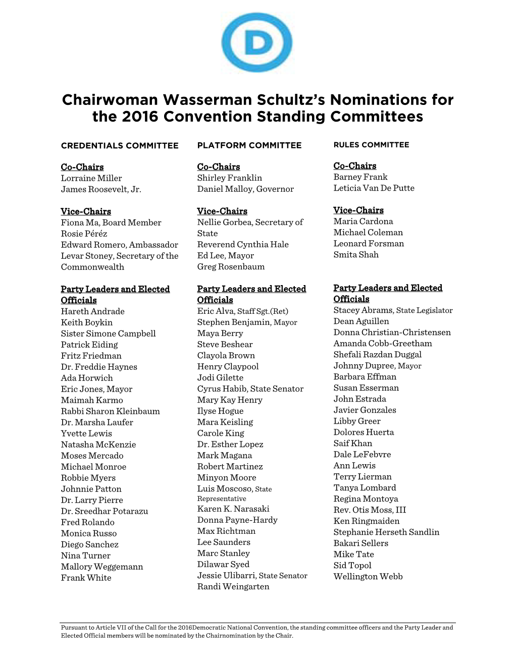 Chair's 2016 Standing Committee Appointments 1.22.16