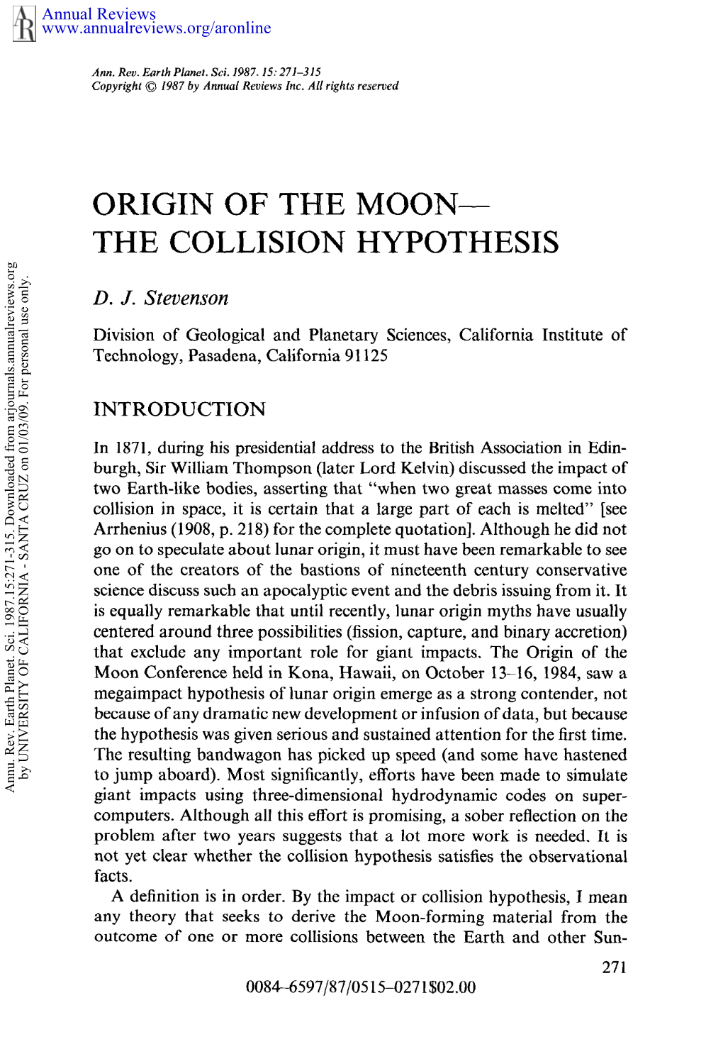 Stevenson, D.J., Origin of the Moon