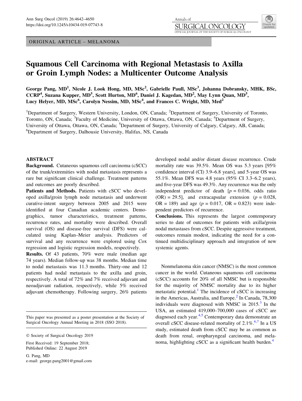 Squamous Cell Carcinoma with Regional Metastasis to Axilla Or Groin Lymph Nodes: a Multicenter Outcome Analysis