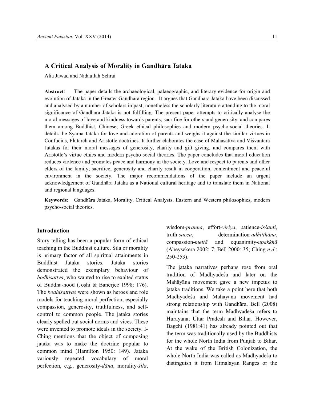 A Critical Analysis of Morality in Gandhāra Jataka Alia Jawad and Nidaullah Sehrai