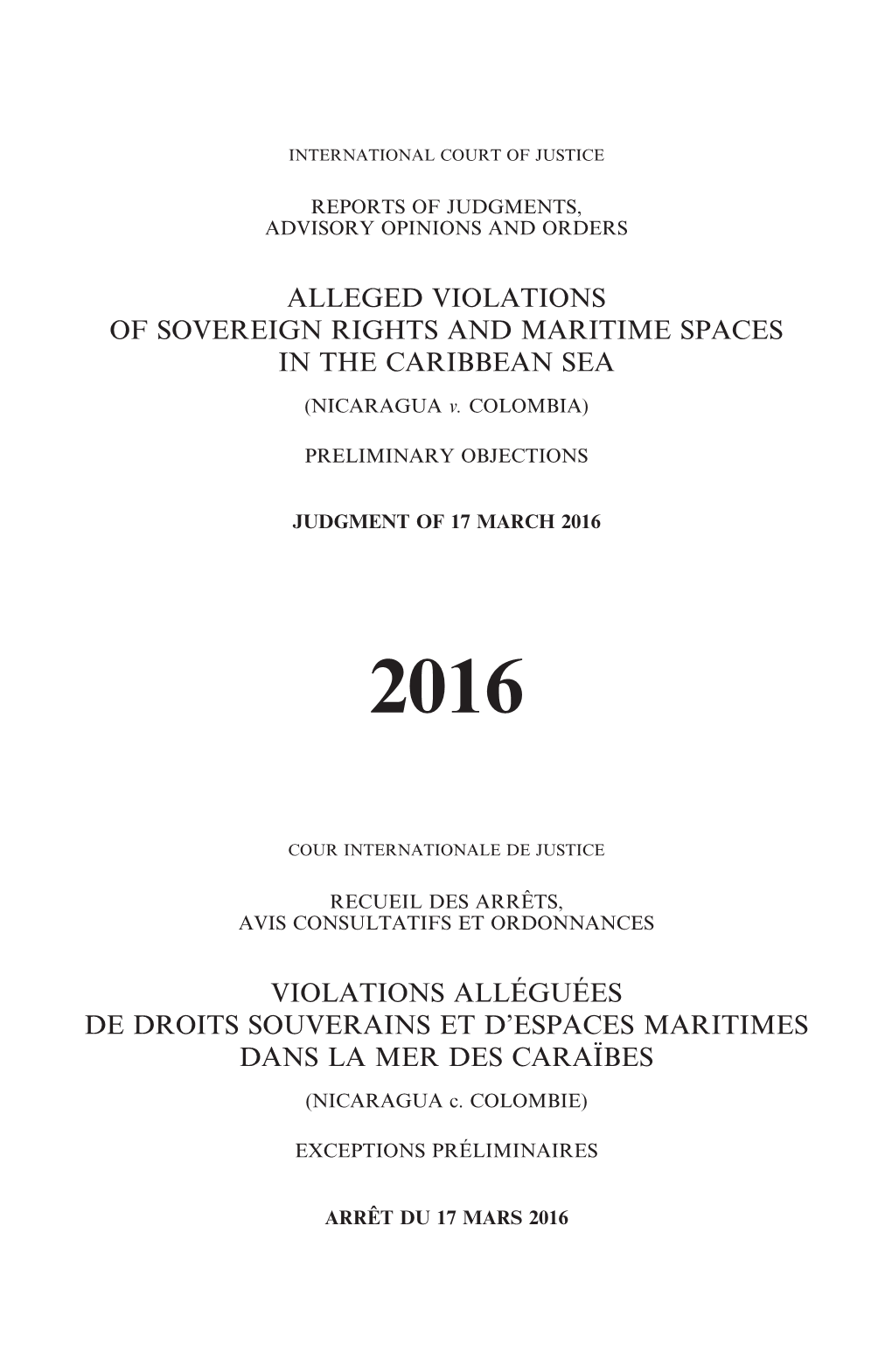 ALLEGED VIOLATIONS of SOVEREIGN RIGHTS and MARITIME SPACES in the CARIBBEAN SEA (NICARAGUA V