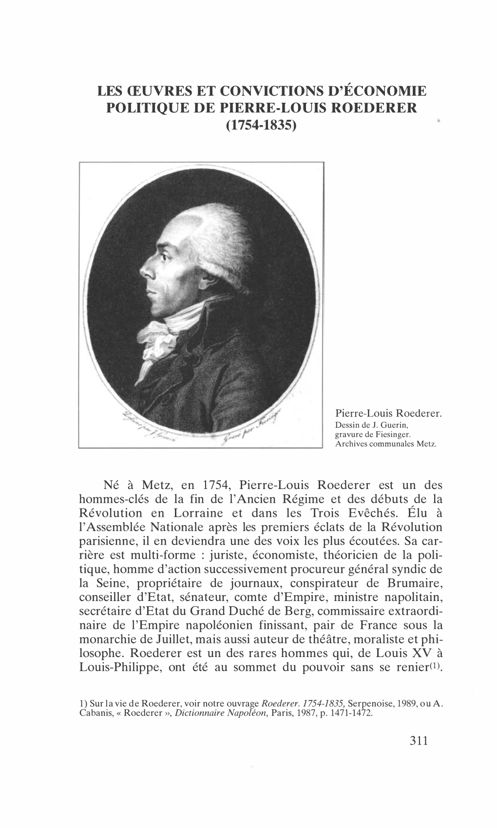 Les Œuvres Et Convictions D'économie Politique De Pierre-Louis Roederer (1754-1835)