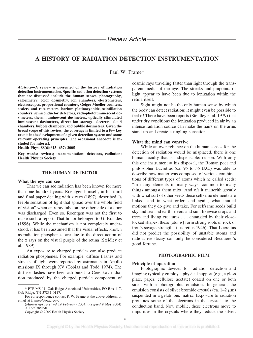 Review Article a HISTORY of RADIATION DETECTION