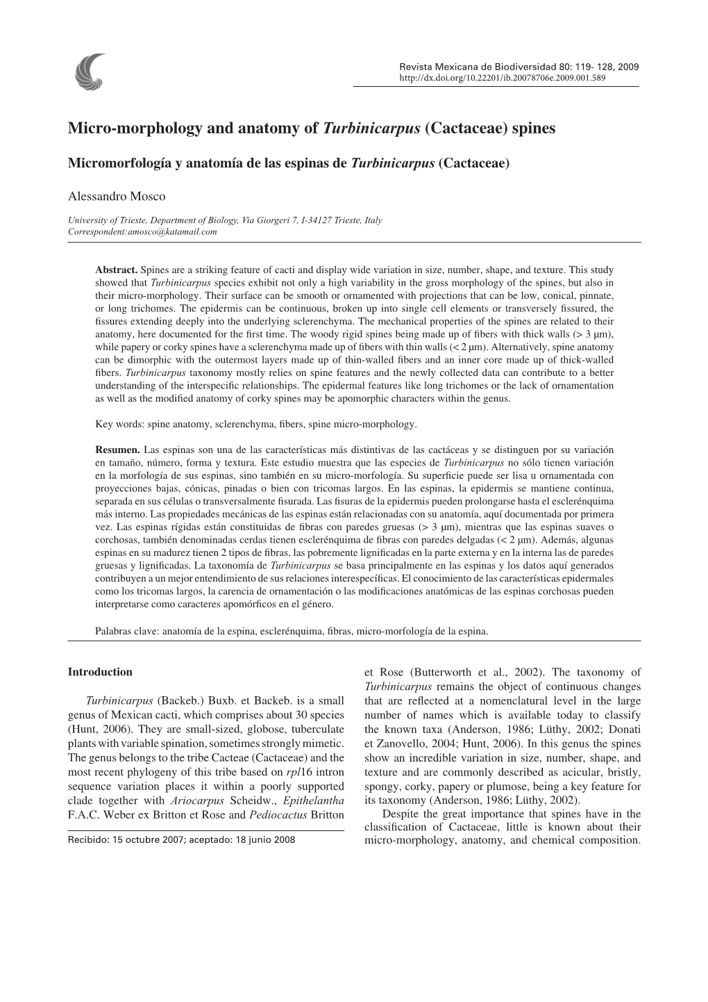 Micro-Morphology and Anatomy of Turbinicarpus (Cactaceae) Spines