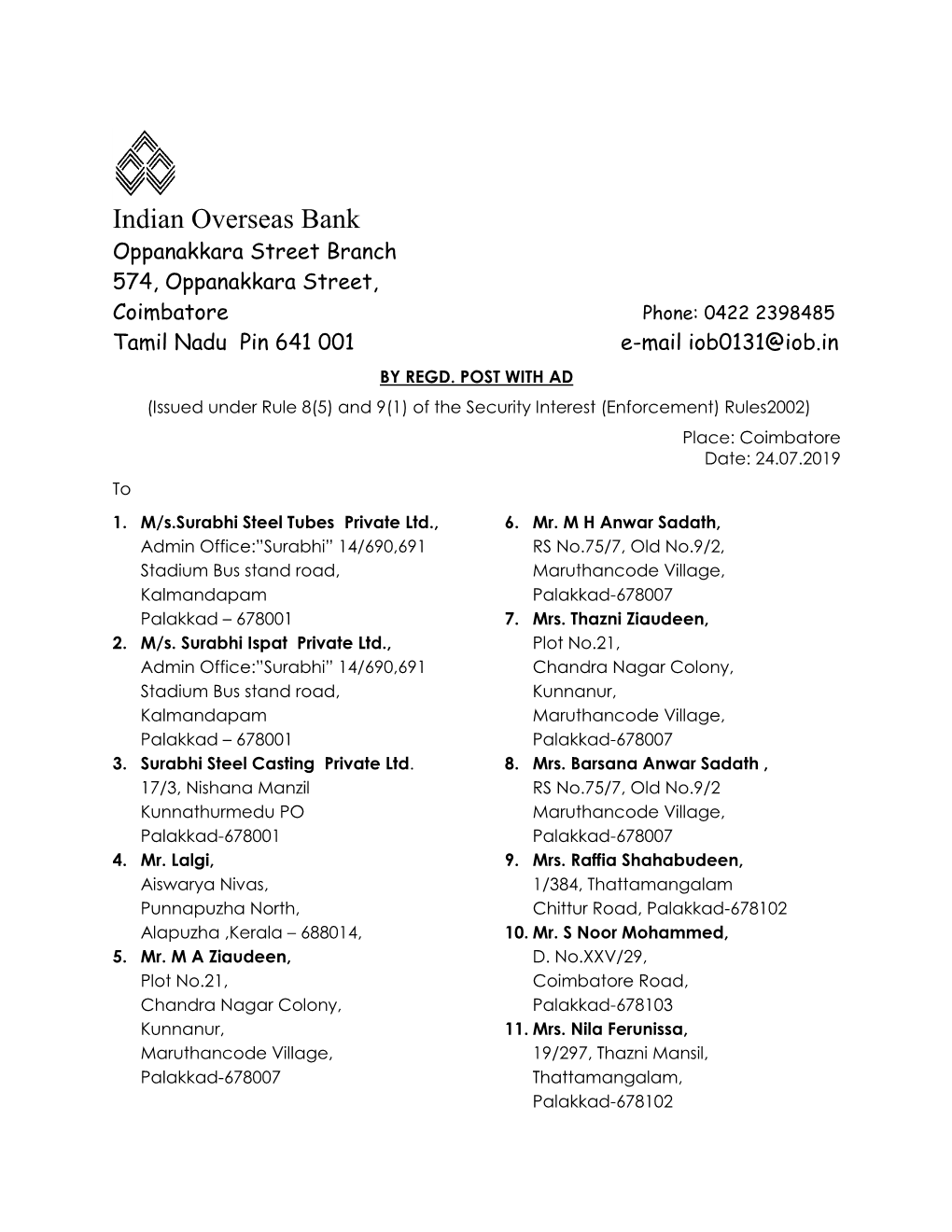 Indian Overseas Bank Oppanakkara Street Branch 574, Oppanakkara Street, Coimbatore Phone: 0422 2398485 Tamil Nadu Pin 641 001 E-Mail Iob0131@Iob.In by REGD