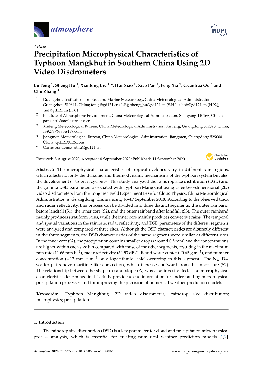 Precipitation Microphysical Characteristics of Typhoon Mangkhut in Southern China Using 2D Video Disdrometers