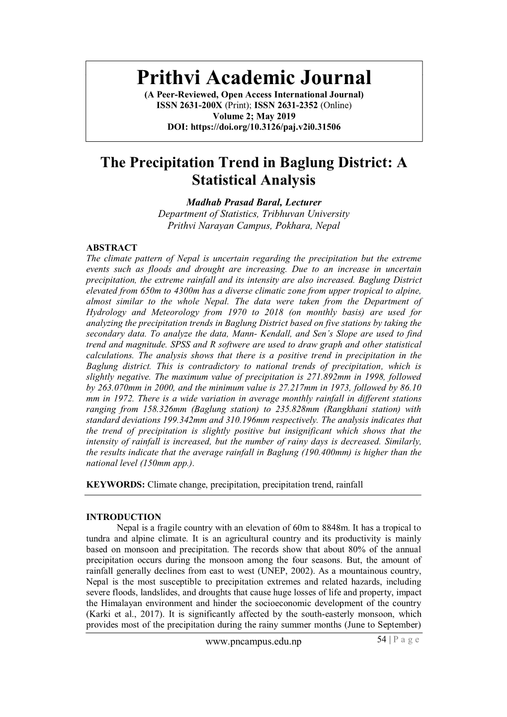 The Precipitation Trend in Baglung District