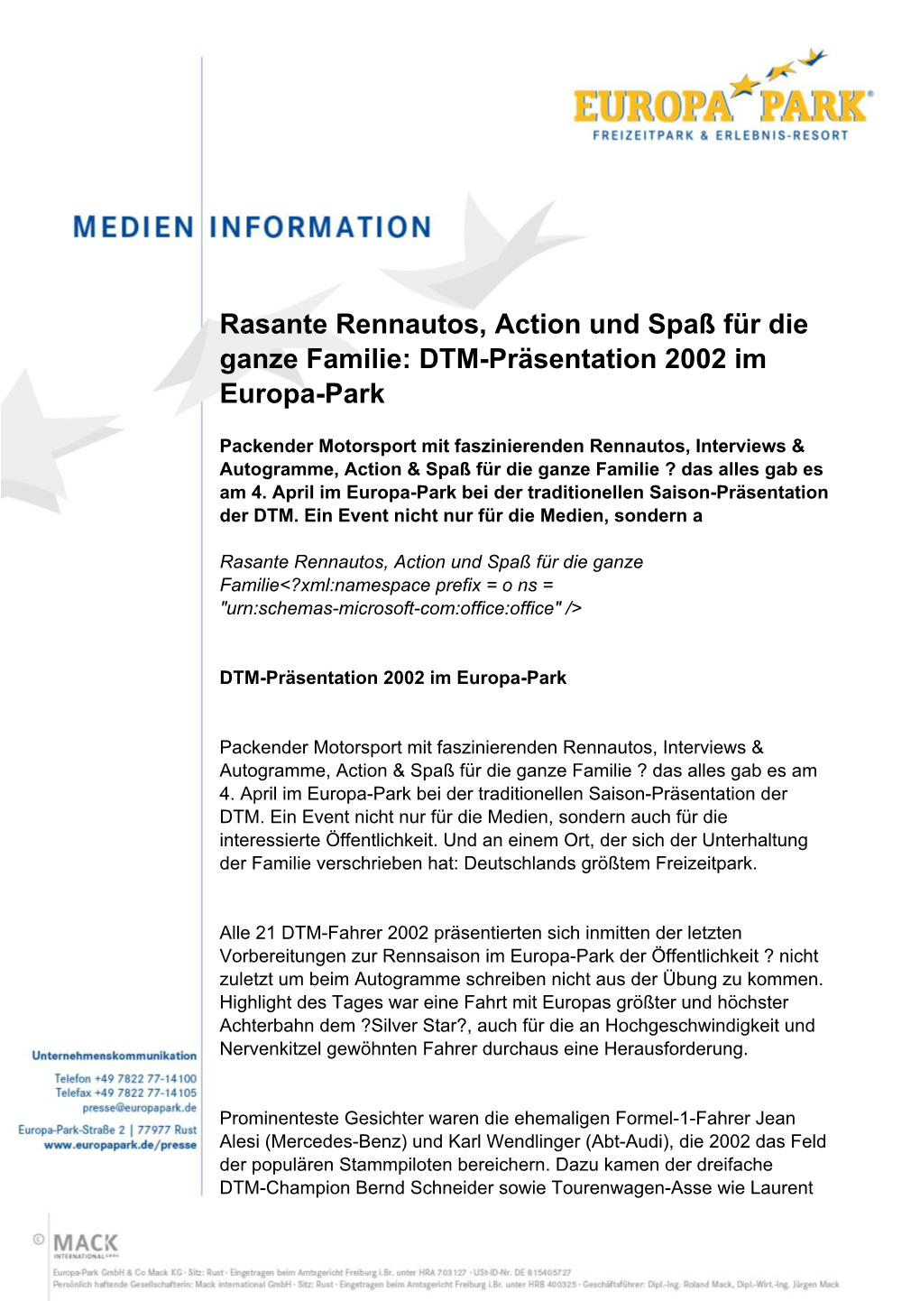 Rasante Rennautos, Action Und Spaß Für Die Ganze Familie: DTM-Präsentation 2002 Im Europa-Park