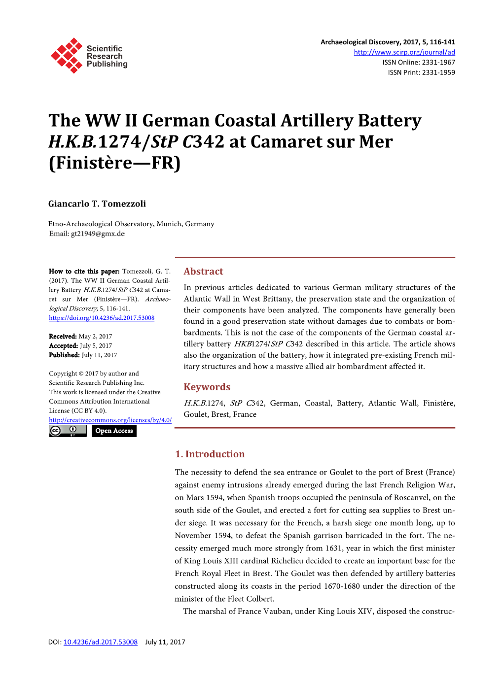 The WW II German Coastal Artillery Battery HKB1274/Stp C342 At