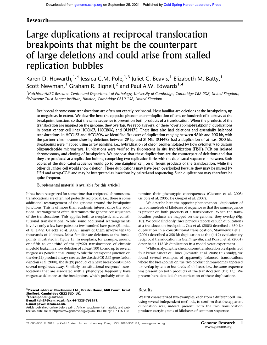 Large Duplications at Reciprocal Translocation Breakpoints That Might Be the Counterpart of Large Deletions and Could Arise from Stalled Replication Bubbles