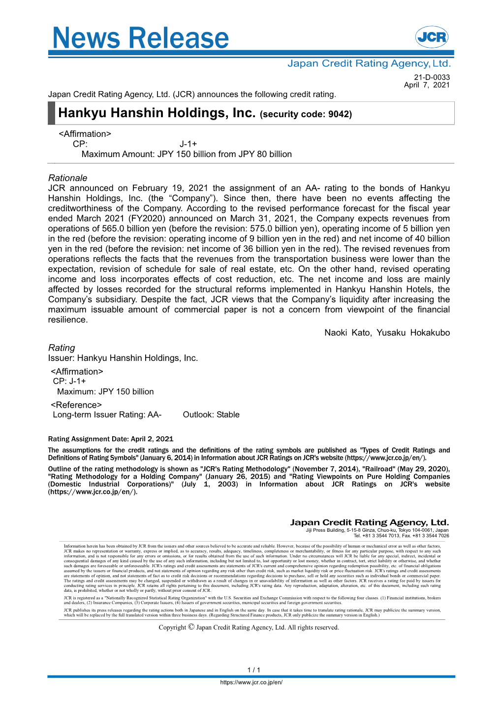 JCR Affirmed J-1+ Rating on CP of Hankyu Hanshin Holdings