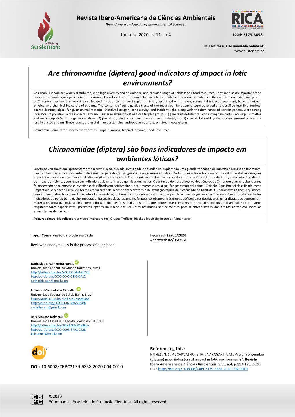 Are Chironomidae (Diptera) Good Indicators of Impact in Lotic Environments?