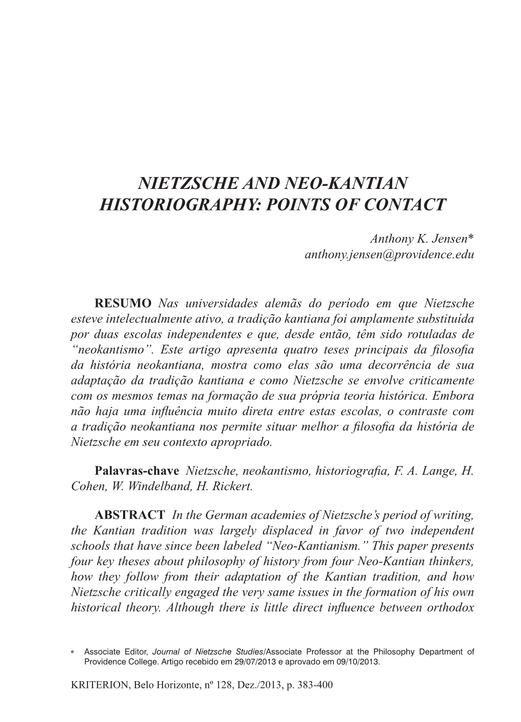 Nietzsche and Neo-Kantian Historiography: Points of Contact