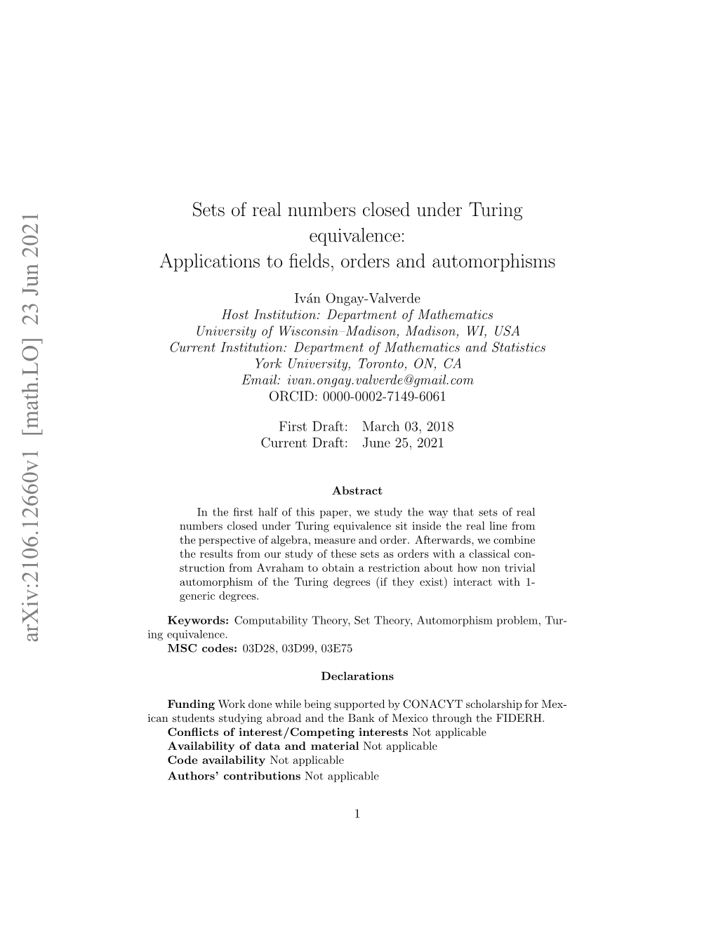 Sets of Real Numbers Closed Under Turing Equivalence: Applications To