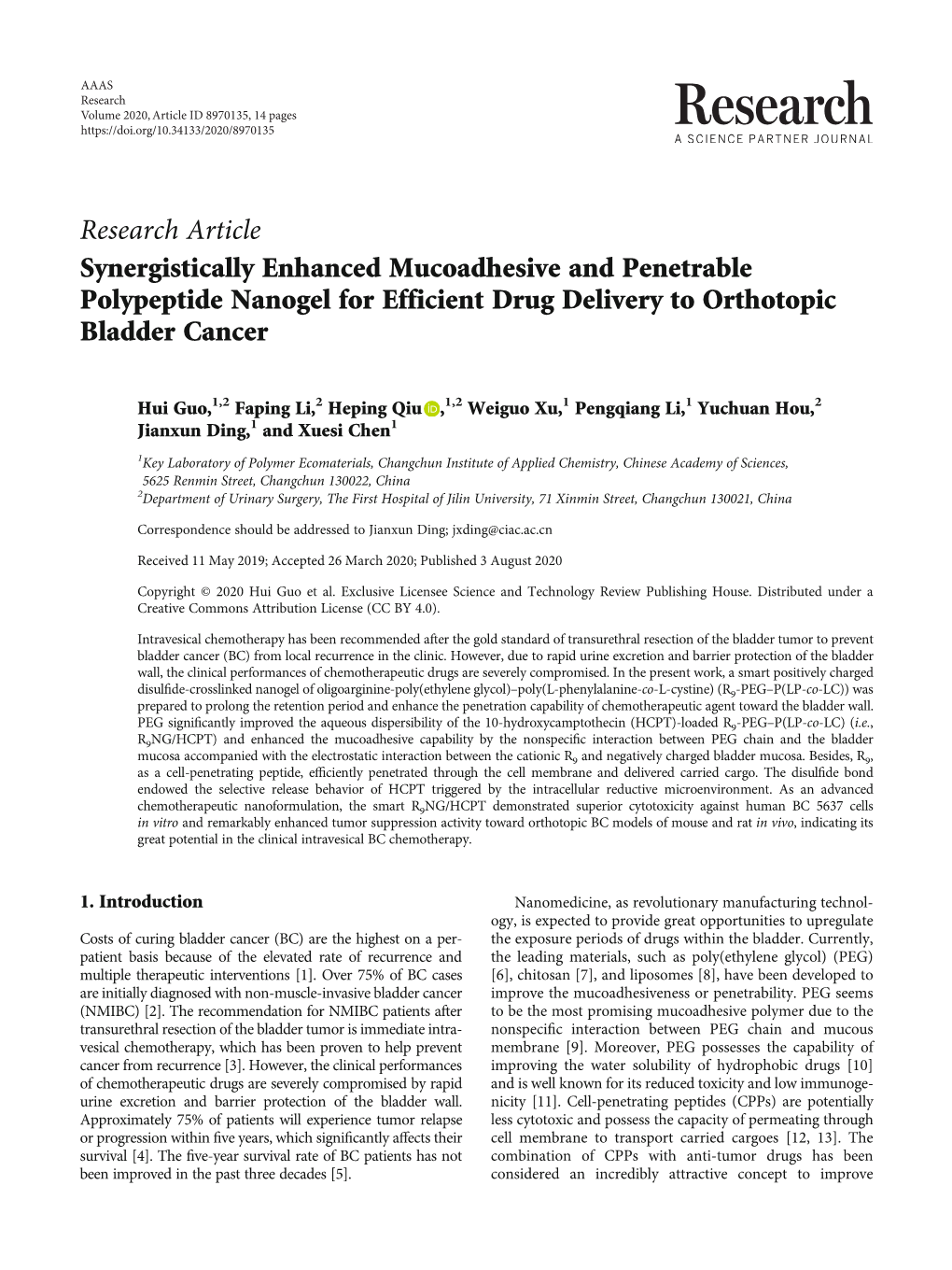 Research Article Synergistically Enhanced Mucoadhesive and Penetrable Polypeptide Nanogel for Efficient Drug Delivery to Orthotopic Bladder Cancer