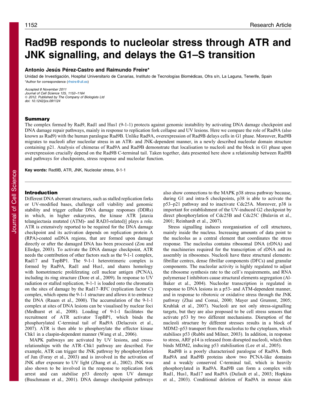 Rad9b Responds to Nucleolar Stress Through ATR and JNK Signalling, and Delays the G1–S Transition