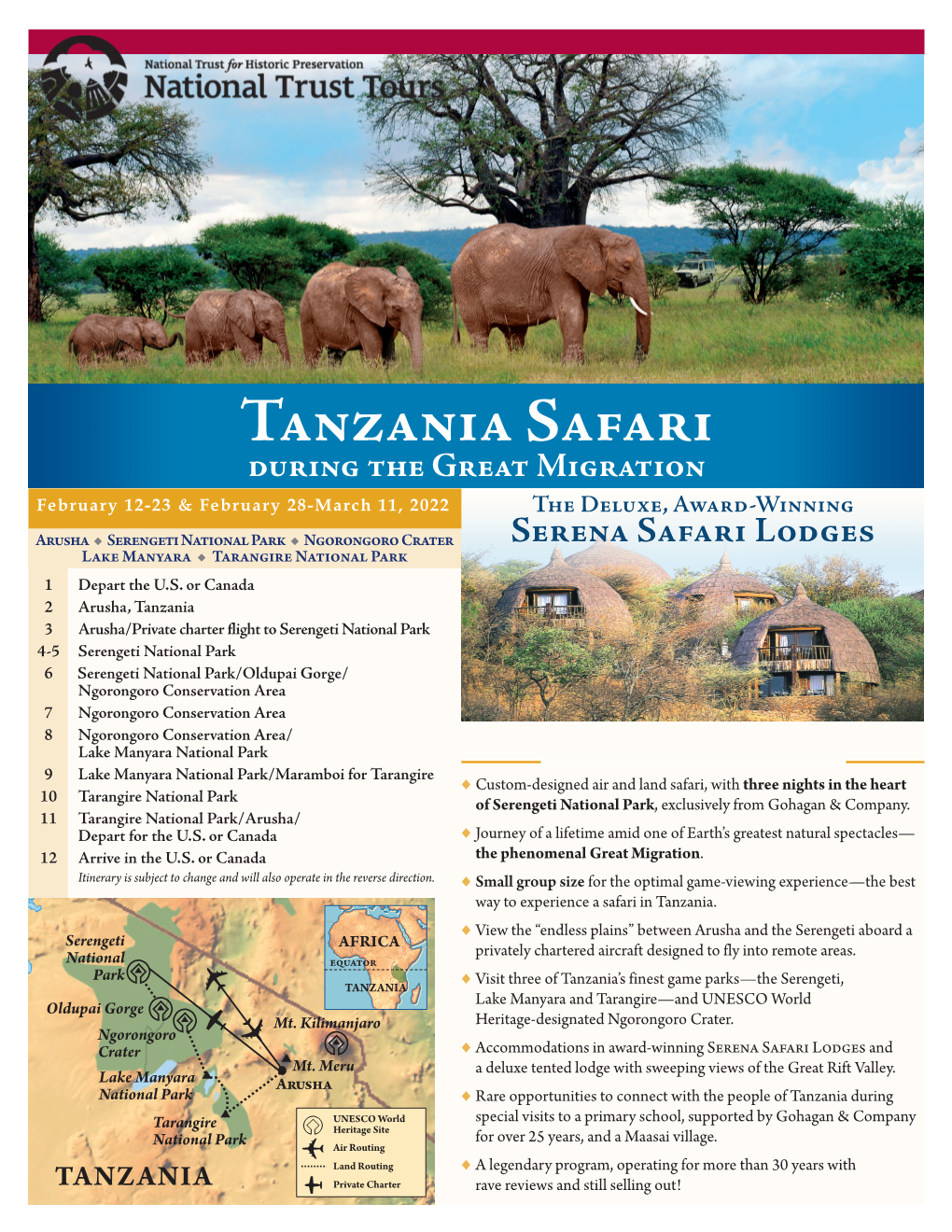 Tanzania Safari During the Great Migration February 12-23 & February 28-March 11, 2022 the Deluxe, Award-Winning