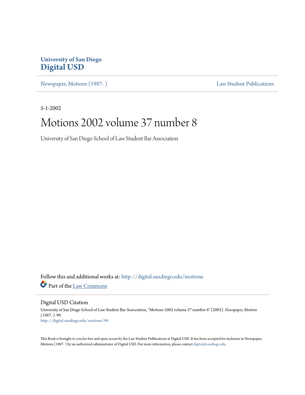 Motions 2002 Volume 37 Number 8 University of San Diego School of Law Student Bar Association