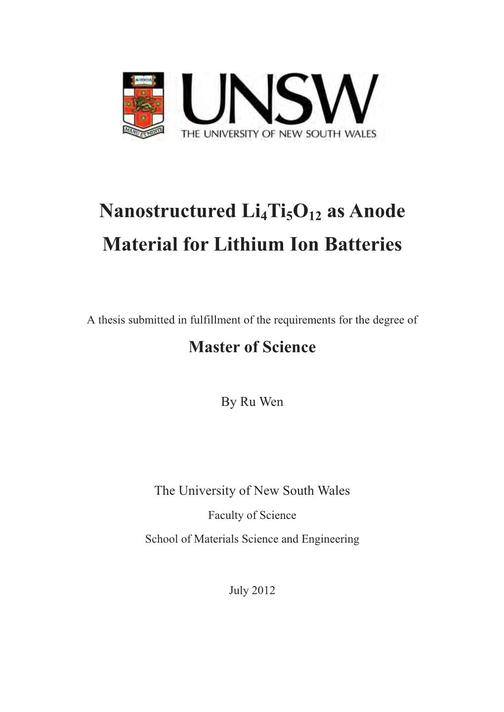 Nanostructured Li4ti5o12 As Anode Material for Lithium Ion Batteries