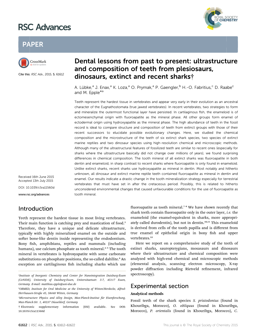 Ultrastructure and Composition of Teeth from Plesiosaurs, Dinosaurs, Extinct